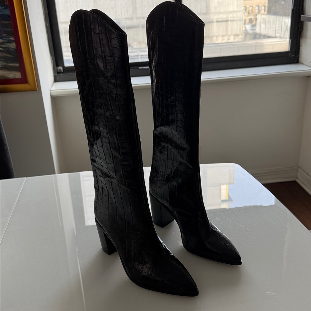 NWT SHUTZ Bota Salto Medio black croco leather tall high heeled boots